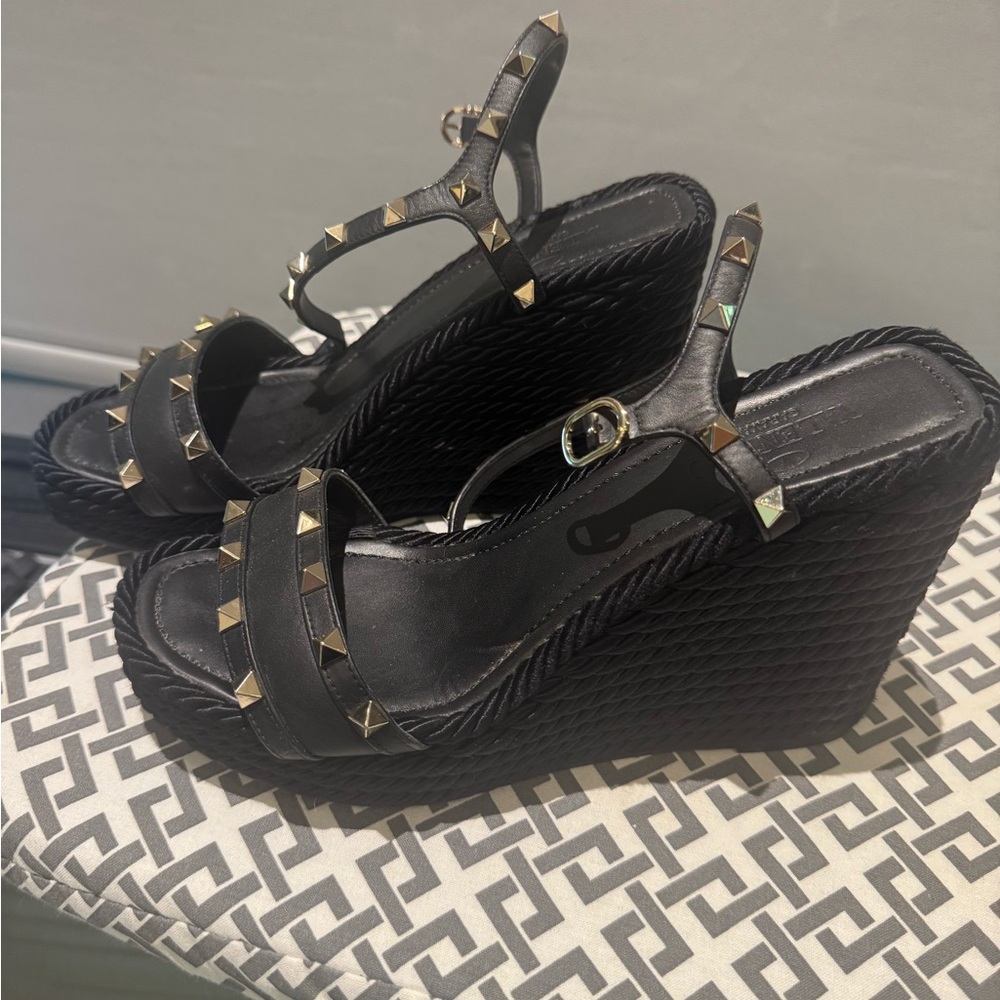 Valentino Garavani Black Wedges with Gold Accents